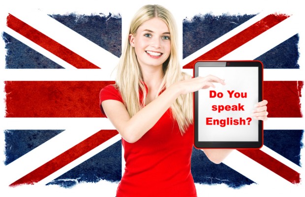 young woman holding tablet pc. english learning concept