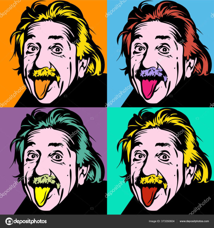 Portrait of Albert Einstein, physicist, chemist and mathematician in retro comic style. Vector pop art background Portrait of Albert Einstein, physicist, chemist and mathematician in retro